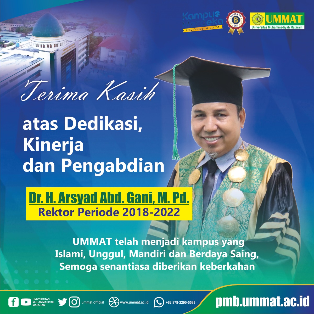 Terimakasih atas Dedikasi, Kinerja dan Pengabdian Dr. H. Arsyad Abd. Gani, M.Pd Rektor UMMAT Periode 2018-2022